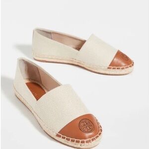 Tory Burch Cream Canvas Espadrille with Tan Leather Cap Toe Logo